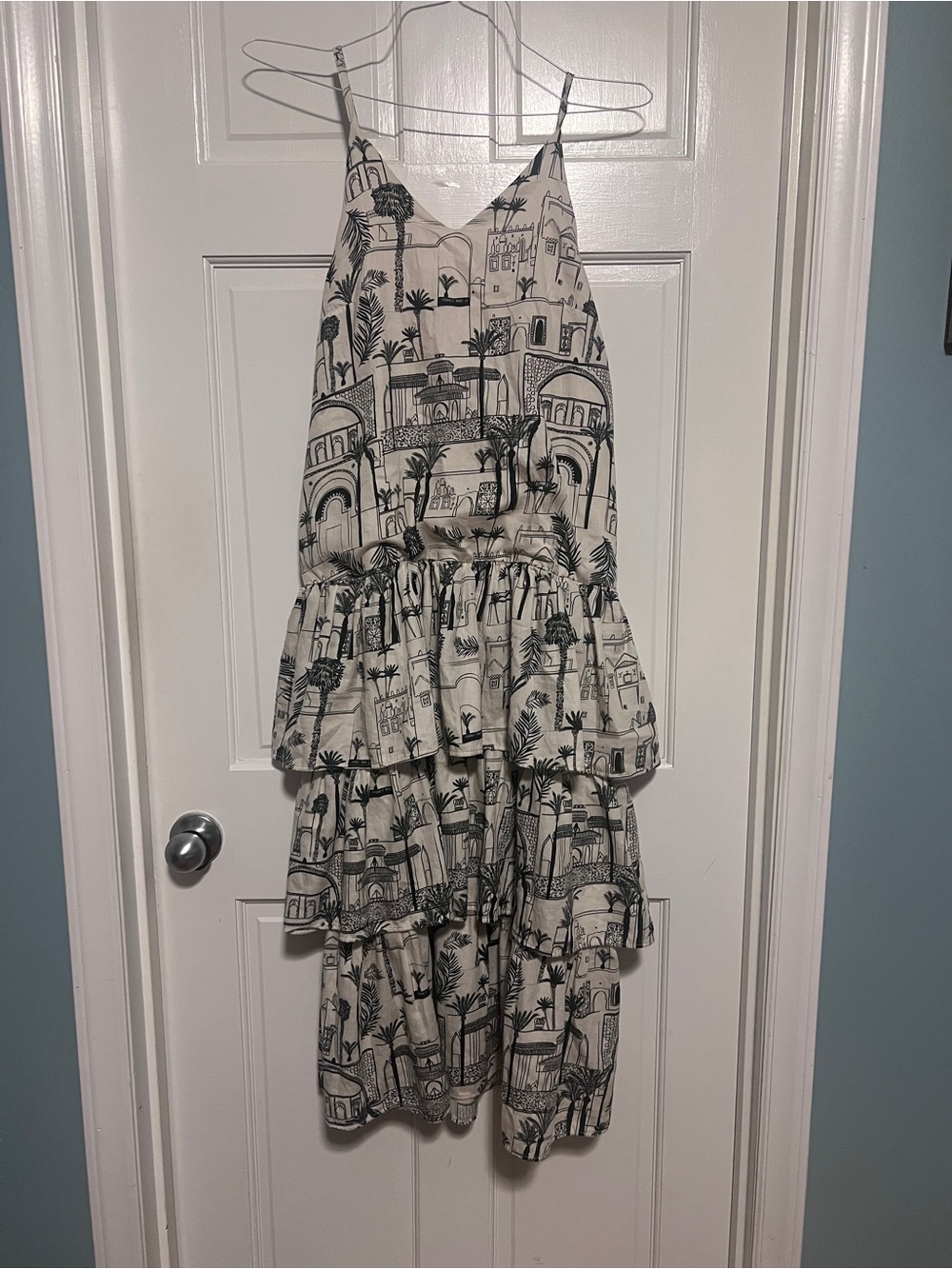 Women’s sensi studio Tiered Spaghetti-Strap Dress in Cream with Black Print.